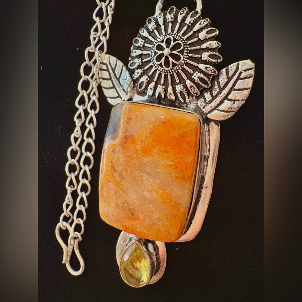 3 inch, 925 marked, Bumble Bee Jasper, and Citrine pendant on silver chain.